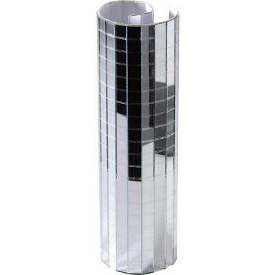 A vertical silver and black sculpture with elongated, gleaming sections displaying a modern, geometric design.