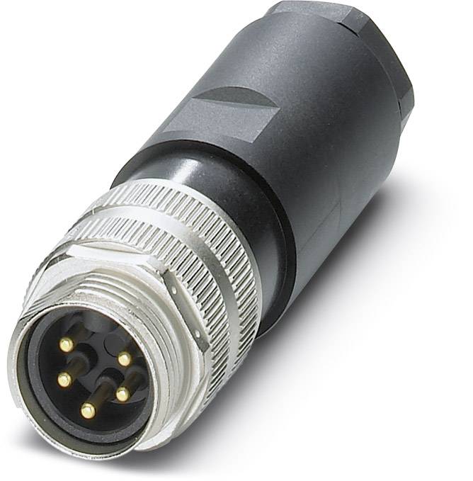 A black and silver plug with five golden pins, suitable for specialist electronic connections and devices.