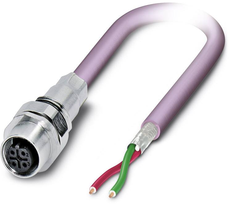 A purple angled cable with a metal plug and open ends in red and green, used for electrical connections.