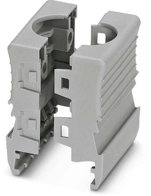 Grey, closed plastic clip housing with rectangular base shape and opening at the top, suitable for DIN rail mounting.