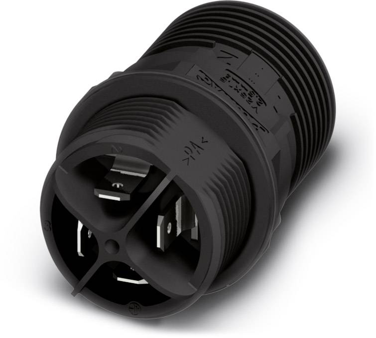 A black, cylindrical connector with multiple metal terminals, suitable for industrial applications.