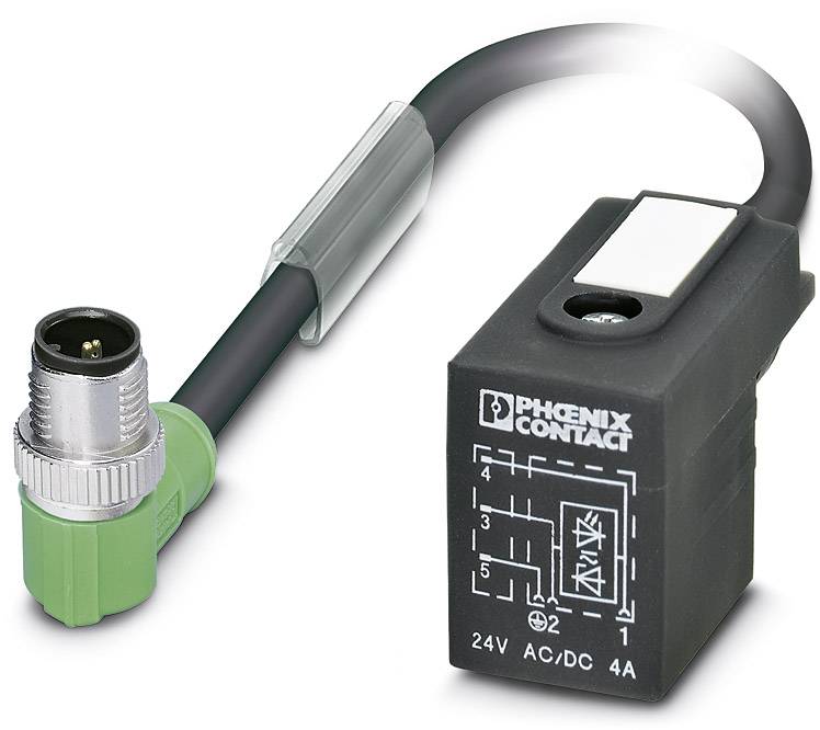 A black Phoenix Contact sensor with cable. The sensor has a green angled plug housing and provides connection options of 24V AC/DC, 4A.