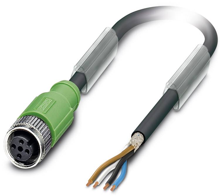A green and black cable with a metal connector shows three stripped wires in brown, blue, and black protruding from one end.