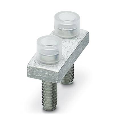 Metal fixing block with two screws and transparent plastic caps. A standard component for electrical circuit connections.