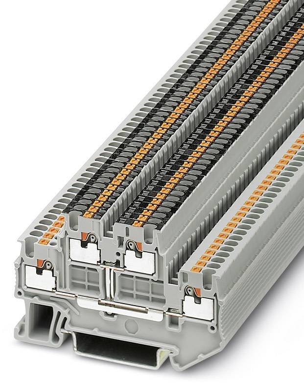 A grey terminal block with orange and black marked terminals, suitable for use in electrical cabinet installations.