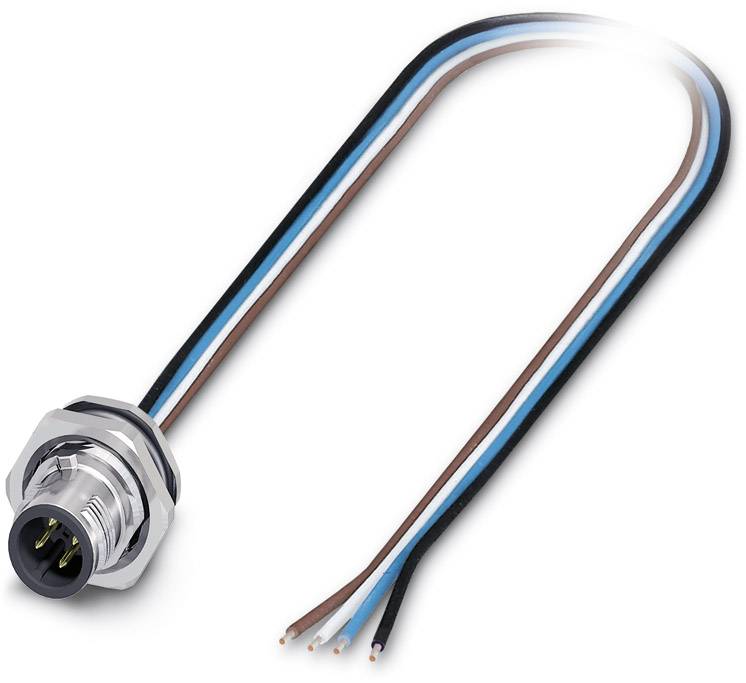 Round, metallic 4-pole connector with short black, blue and brown wires leading to open ends.