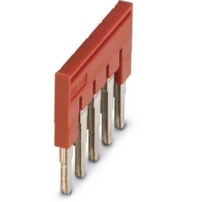 Red bridge carrier with five metal pins, commonly used for electrical connection in plug connector systems.
