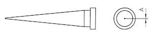 Technical drawing of a conical nozzle with side and top views. The width of the end and a dimension 'A' are shown.