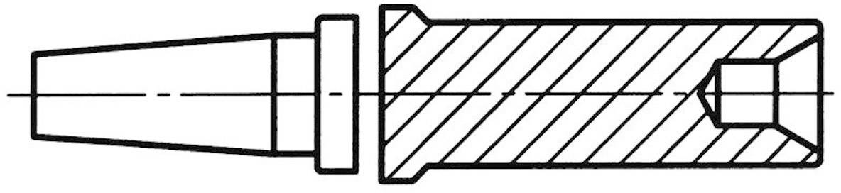 Technical drawing of a tool holder. The cylindrical body has a hatched cross-sectional view with a conical tip.