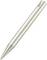 A silver ballpoint pen, angled downwards, on a white background.