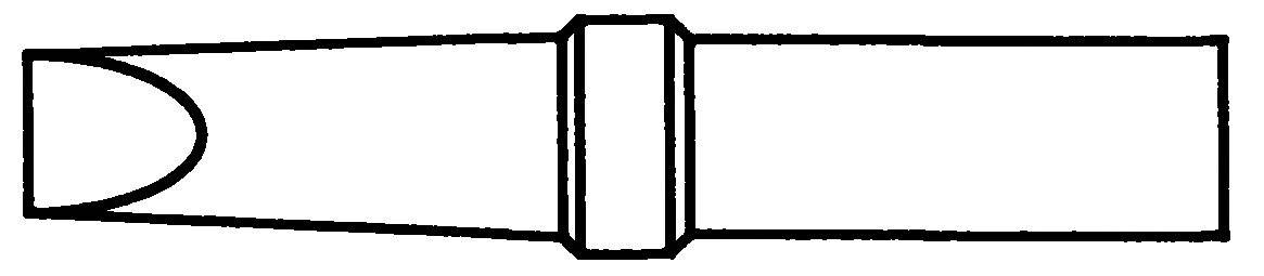 Technical drawing of a saxophone mouthpiece with clear lines, side view, showing body and tip.