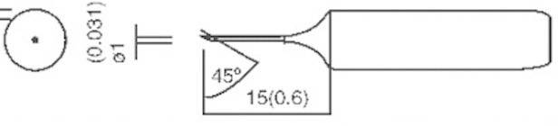 'Technical drawing of a tool. On the left, a circular part with a diameter of 0.031, on the right a handle, with a 45-degree cutting edge in between.'