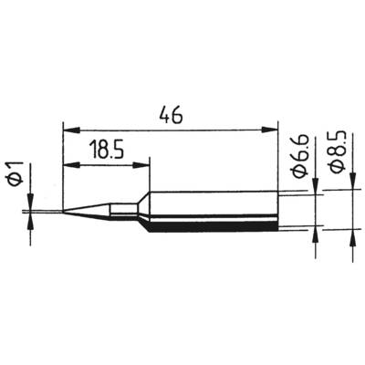 Technical Drawing of a Pen with Dimensions: Total Length 46 mm, Tip 18.5 mm, Diameter 1 mm, 6.6 mm and 8.5 mm.