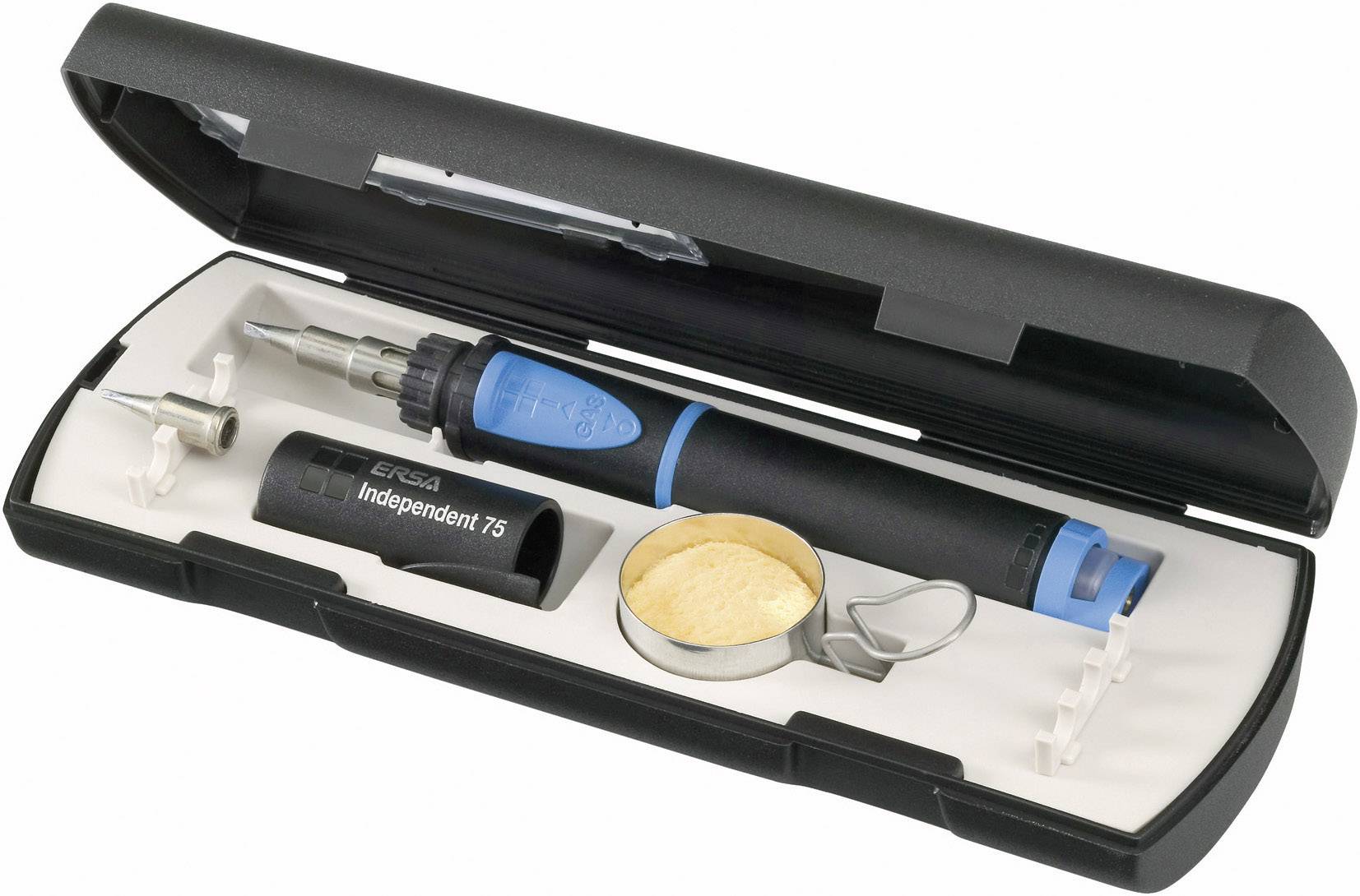 Soldering iron set in an open case with various tips and accessories, suitable for craft work and repairs.