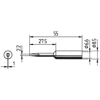 Technical drawing of a metal pin with dimensions: Total length 55 mm, Central length 27.5 mm, Diameter 6.6 mm and 8.5 mm, Thickness 2.2 mm.