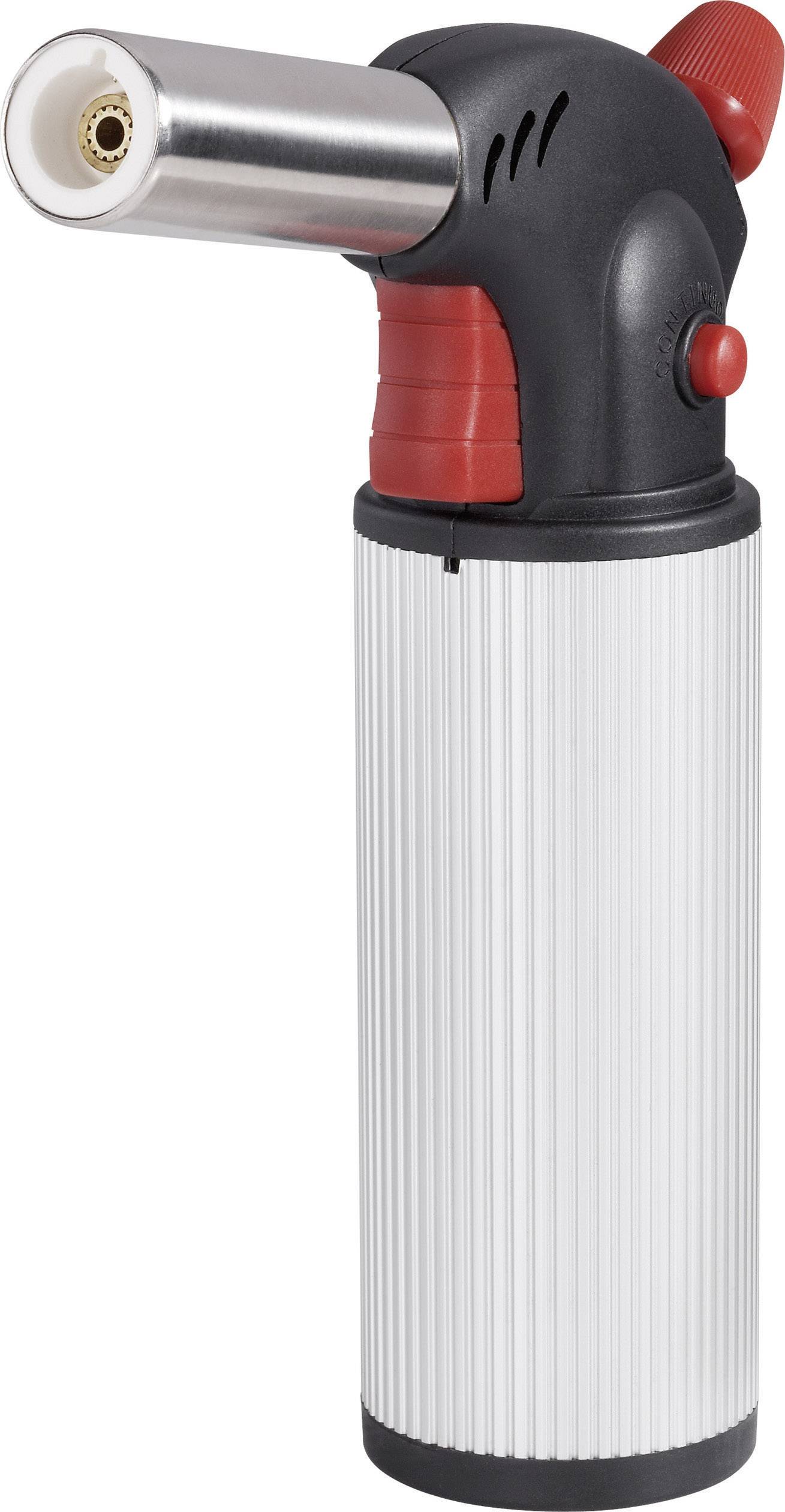 A black and silver kitchen blowtorch with a red ignition button and ergonomic handle, used for caramelising foods.