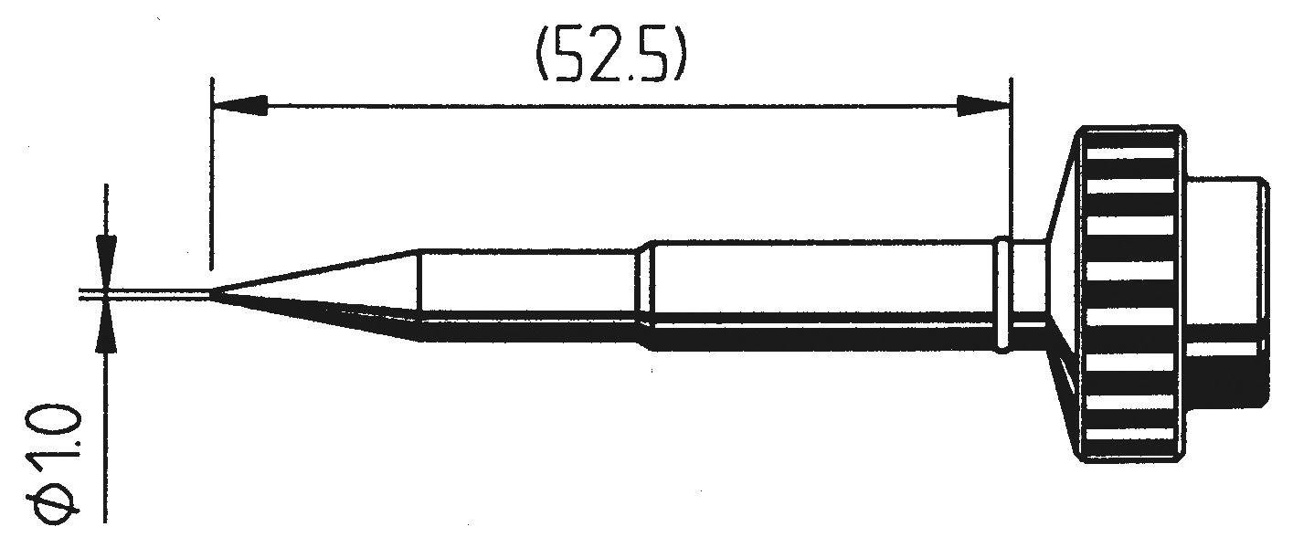 Illustration of an elongated component with a cap on the right and a tip on the left, length 52.5 units, tip diameter 1.0 units.
