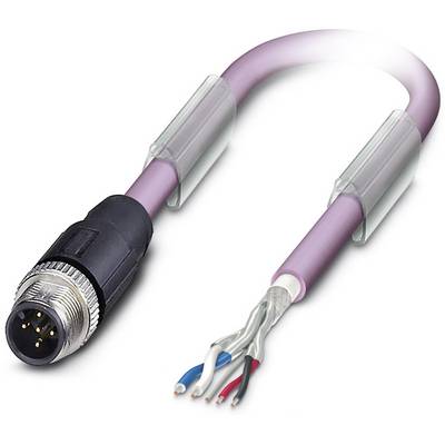 An open electrical cable shows internal cables in red, blue, and white, connected to a black plug. Suitable for technical applications.
