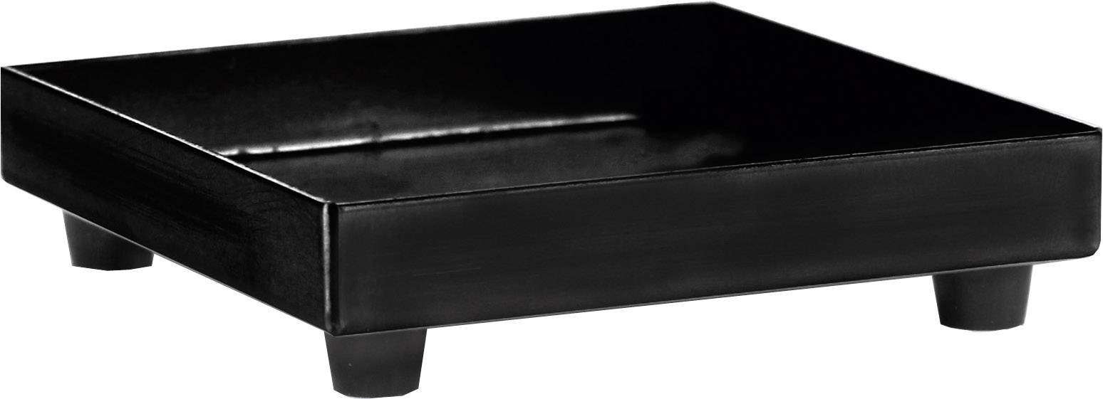 Black square serving tray with short legs, simple design, suitable for serving or decorative purposes.