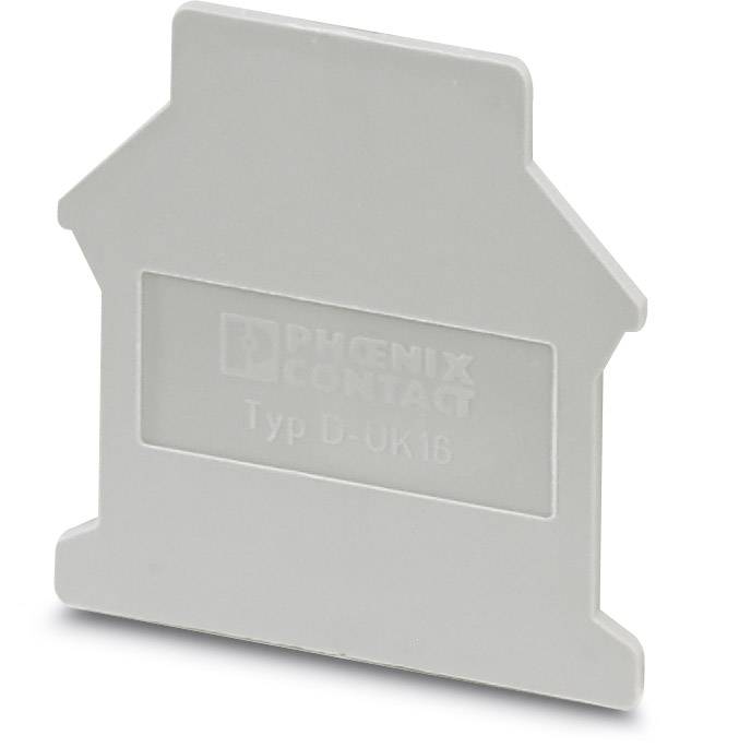 Grey end cover with house shape, embossed with 'PHOENIX CONTACT Type D-UK16'.