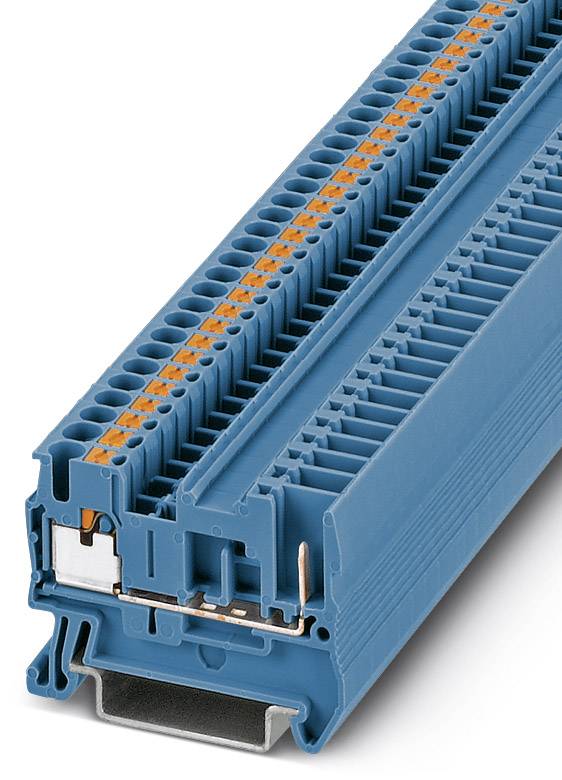 A blue electrical terminal block with orange contact elements, mounted on a standard DIN rail.