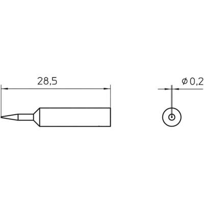 Technical drawing of a cylindrical tool with a point. Length: 28.5 mm, diameter: 0.2 mm. Top view and side view.
