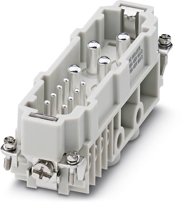 Grey electrical plug with multiple metal pins, two screws, and clear connection details.