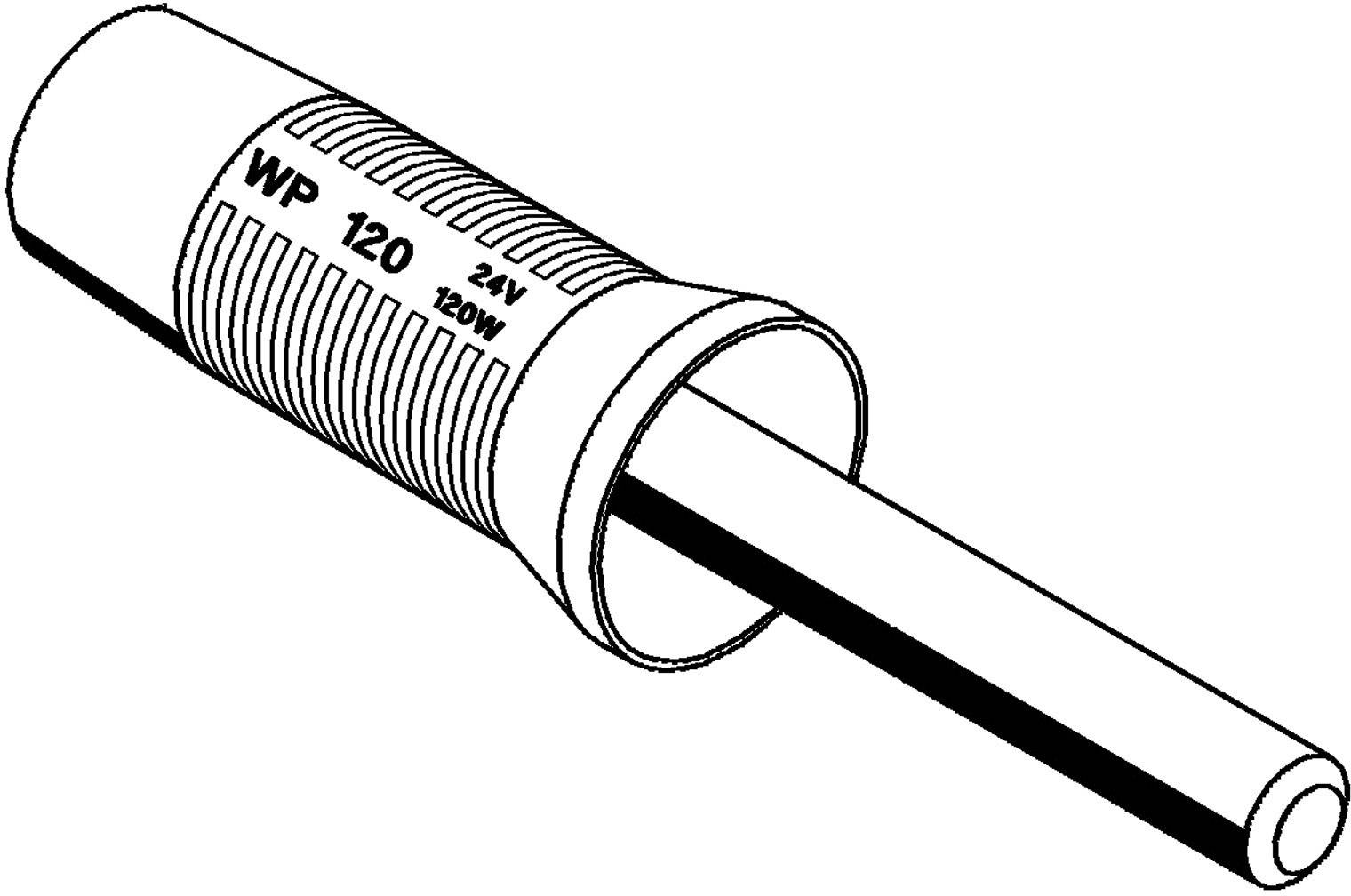 Illustration of a cylindrical resistor with the inscription 'WP 120 24V 120W', showing technical details of the device.