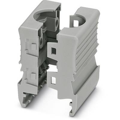 Grey plastic mounting bracket with multiple connection and fastening elements, shown in an open configuration, likely for technical applications.