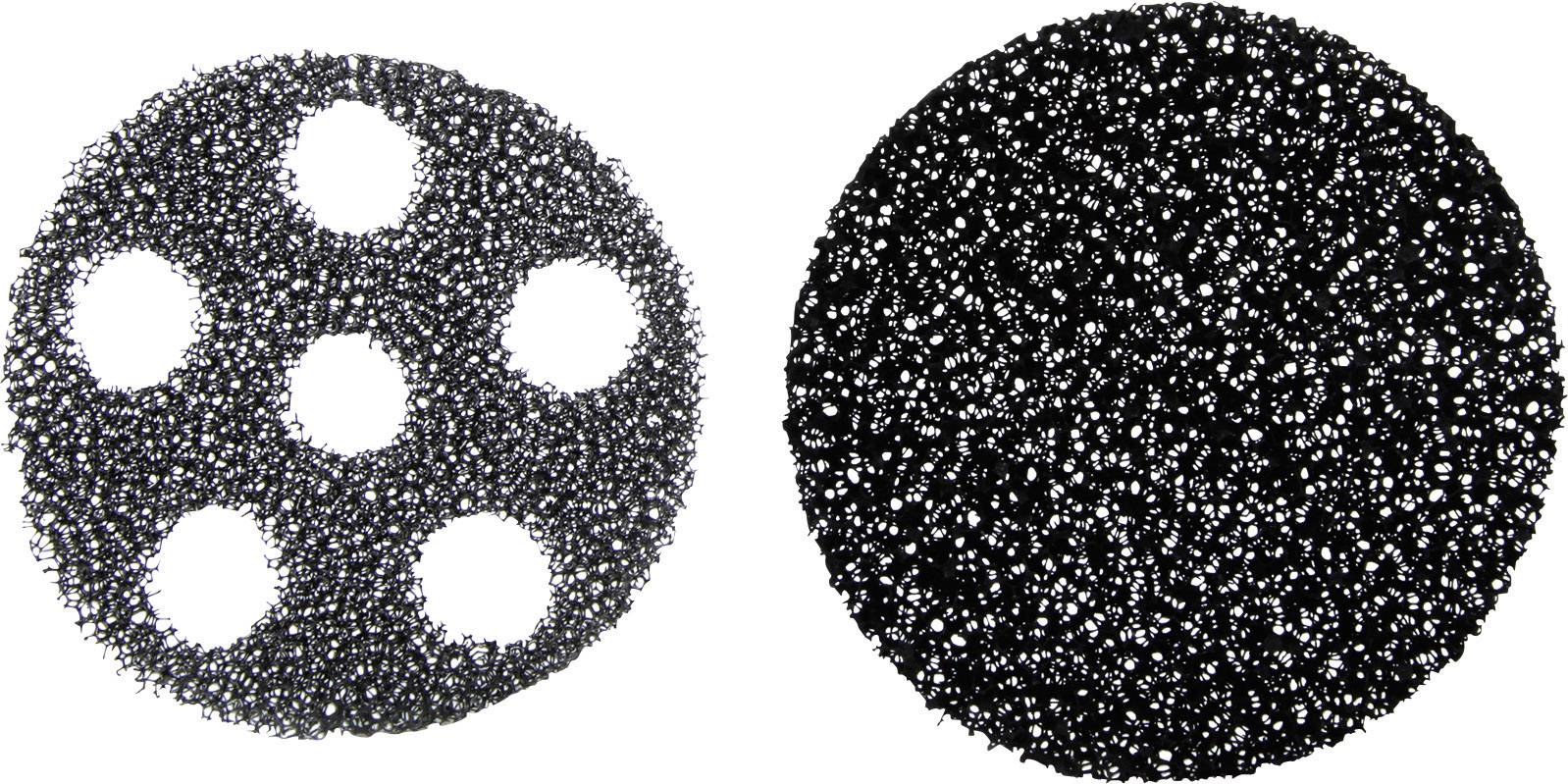 'Two round spherical structures, with one on the left featuring holes and the other on the right a solid form composed of black and silver metal beads.'