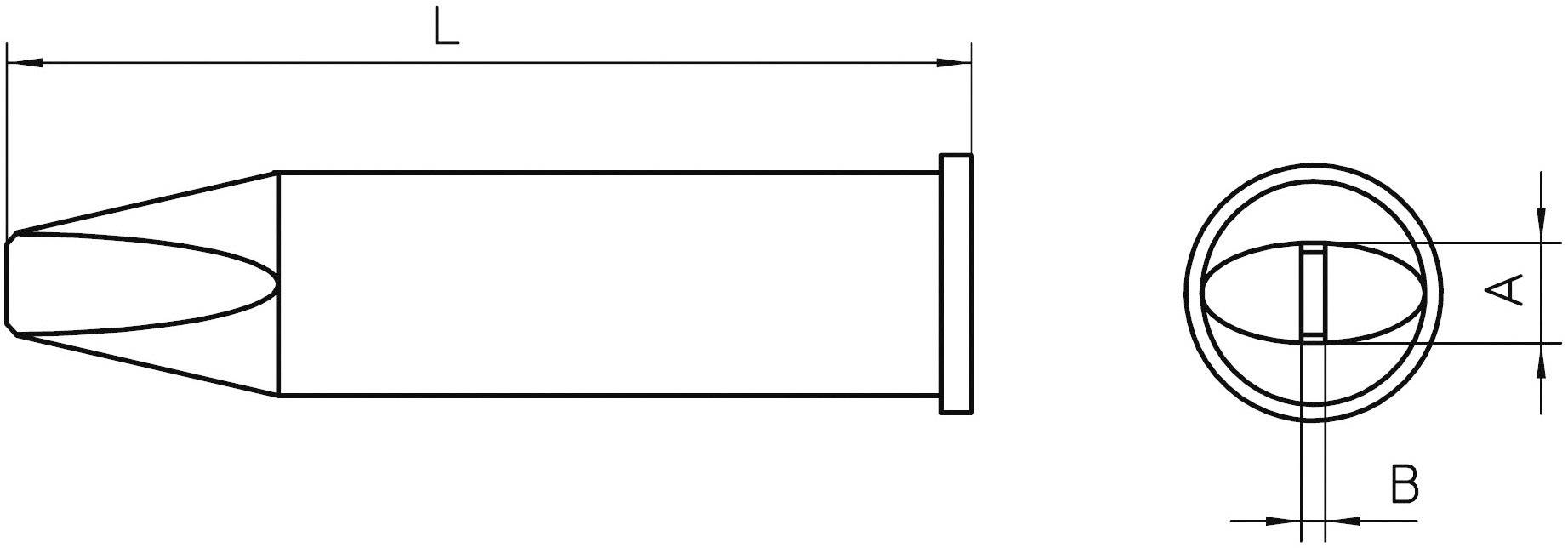 Technical drawing of a projectile with dimensions. Top: Length 'L'. Right: Diameter 'A', Width 'B'. Profile and top view.