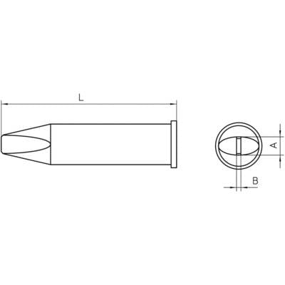 Technical drawing of a projectile with dimensions. Top: Length 'L'. Right: Diameter 'A', Width 'B'. Profile and top view.