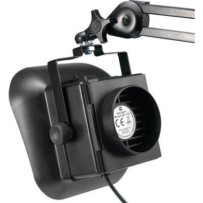 Black fan with long-arm mounting bracket, suitable for attachment to solid surfaces, model number and CE mark visible.
