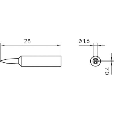 Soldering Tip Diagram with Dimensions: Length 28 mm, Tip Diameter 0.4 mm, Overall Diameter 1.6 mm. Side and Front View Representation.