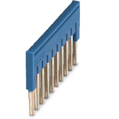 A blue breadboard block with multiple metal pins used for connection in electronic circuit boards.