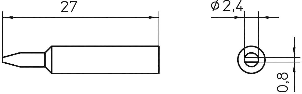 Drawing of a soldering tip with dimensions: Length 27 mm, Diameter 2.4 mm, Tip 0.8 mm. Side view with detailed view of the end.