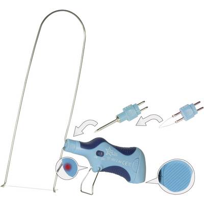 Electric hot wire cutting device for polystyrene, with adjustable wire arch and two plug types. Ideal for precise cuts.