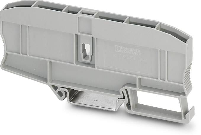 Grey plastic housing with metal clip, likely designed as a DIN rail mounting bracket for electrical components.