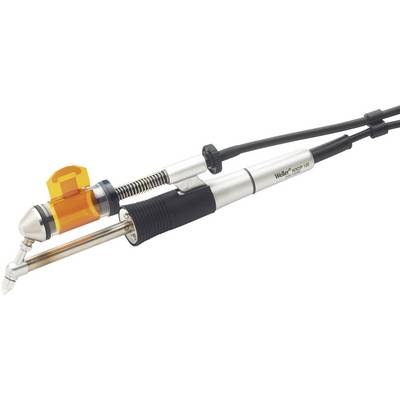 A soldering iron with a metal tip and an orange protective cover, used for soldering electronic components.