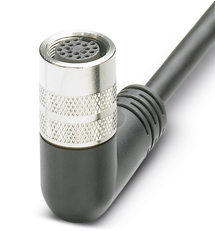 A right-angled, black and silver cable with a multi-pin round plug.
