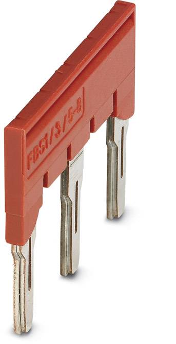 A red plug-in bridge component with three metal contacts.