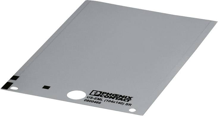 A grey label from Phoenix Contact, model US-EML (104x140) SR, with a circular perforation on the underside.