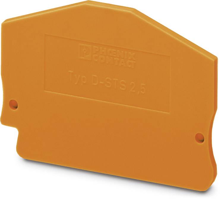 Orange end bracket with the inscription 'Type D-STS 2.5' by Phoenix Contact, used for securing components on mounting rails.