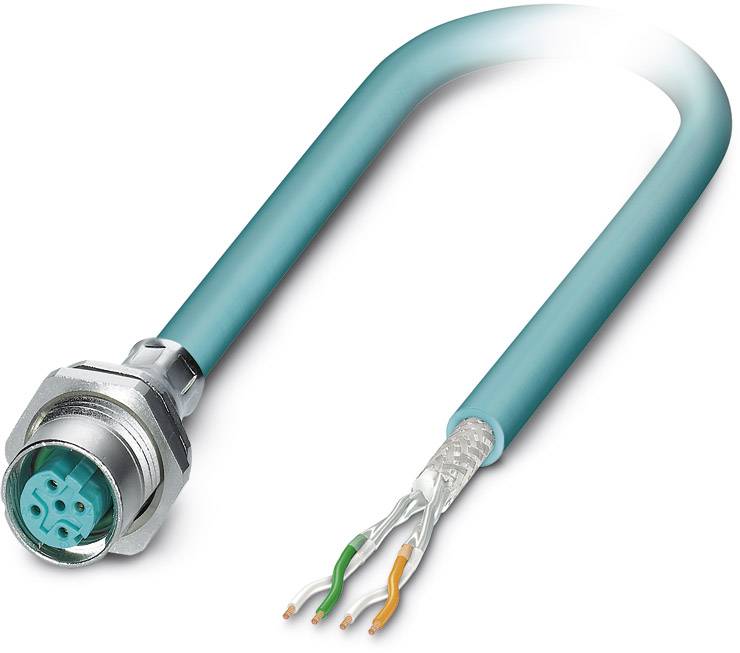 A blue, stripped cable with a metal plug at the end reveals exposed wires in various colours.