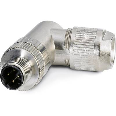 Metal L-shaped plug connector with multiple pins, suitable for industrial applications, showing details of the ribbing and metal surface.