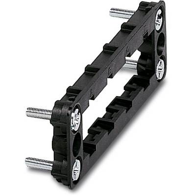 A black rectangular mounting adapter made of plastic with four silver metal bolts protruding from the corners.