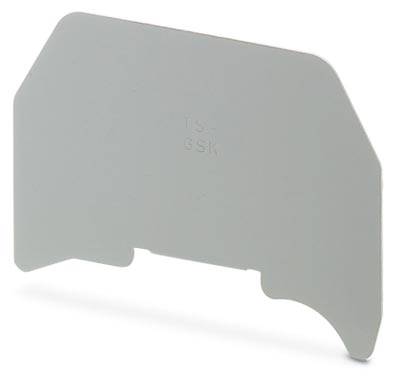 Grey plastic component with a rectangular shape and two sides extending at right angles. Text 'TS-35K' slightly visible on the front surface.