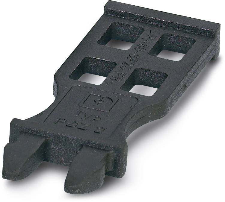 Black plastic tool with a rectangular shape and four square openings, used for fastening machine or furniture components.