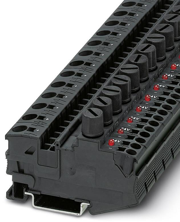 Black electrical terminal block with red indicator lights, screw connections on top and '+'/'-' markings for polarity.