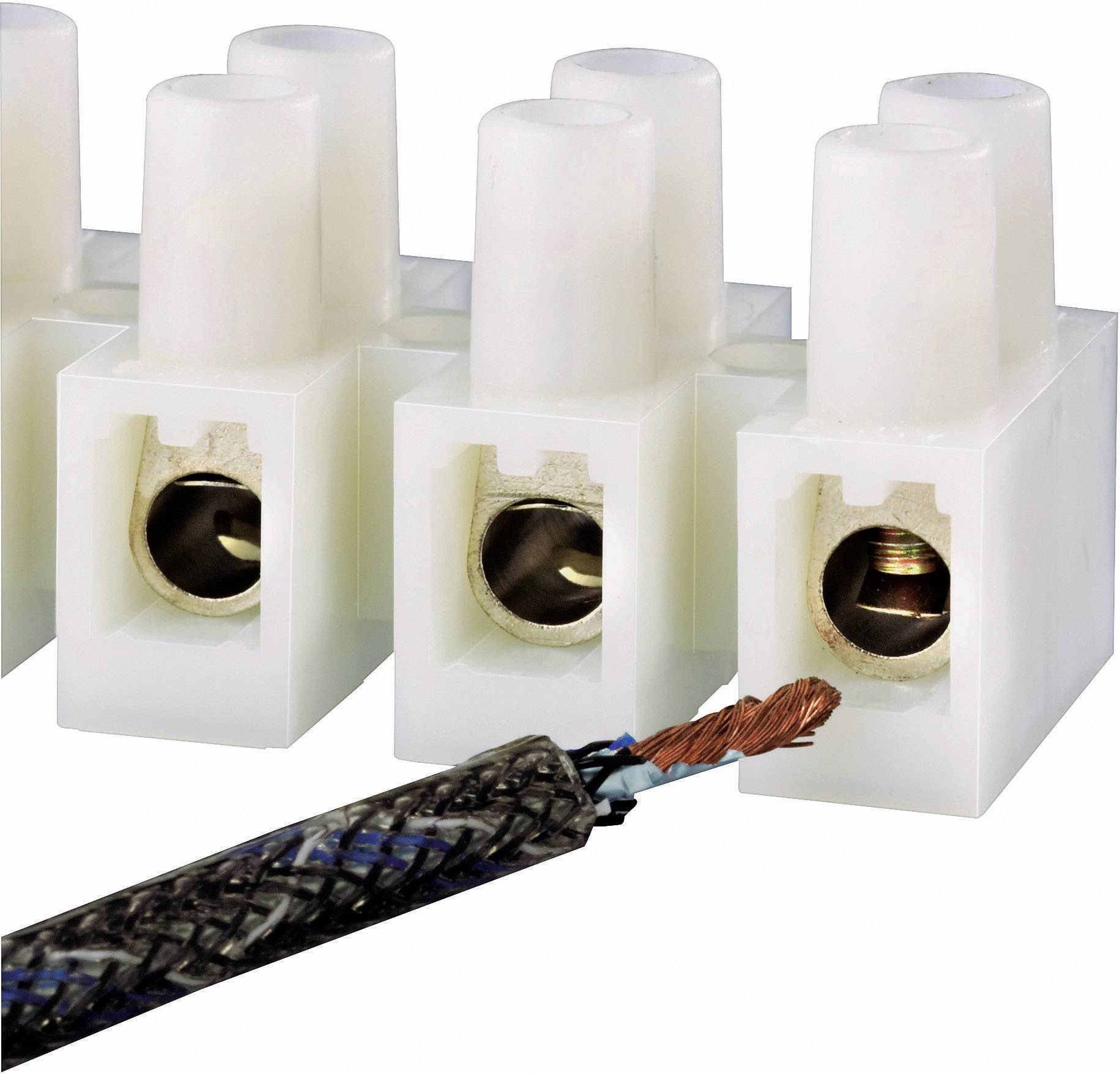 A plastic terminal block with multiple connections. A stripped cable is inserted and secured into one of the sockets.